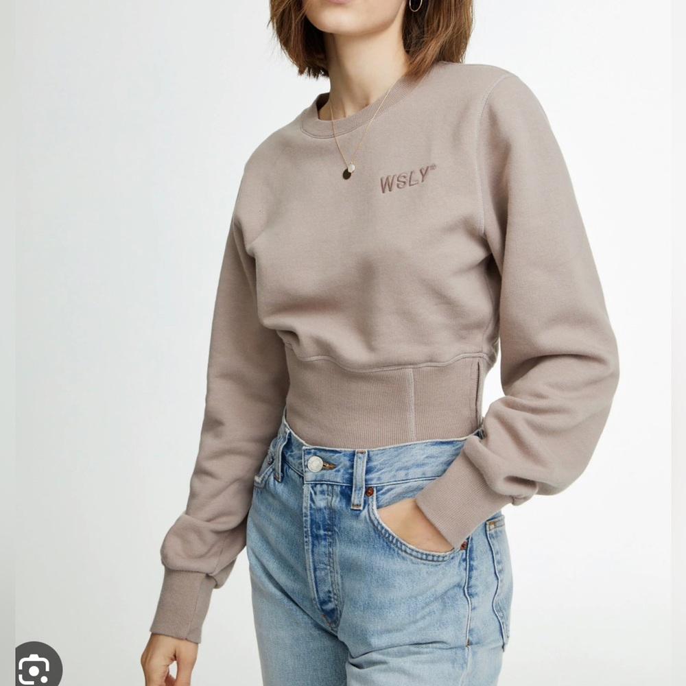 WSLY Eco Fleece Ribbed Bodice Crew Neck Sweatshirt Color: Beige